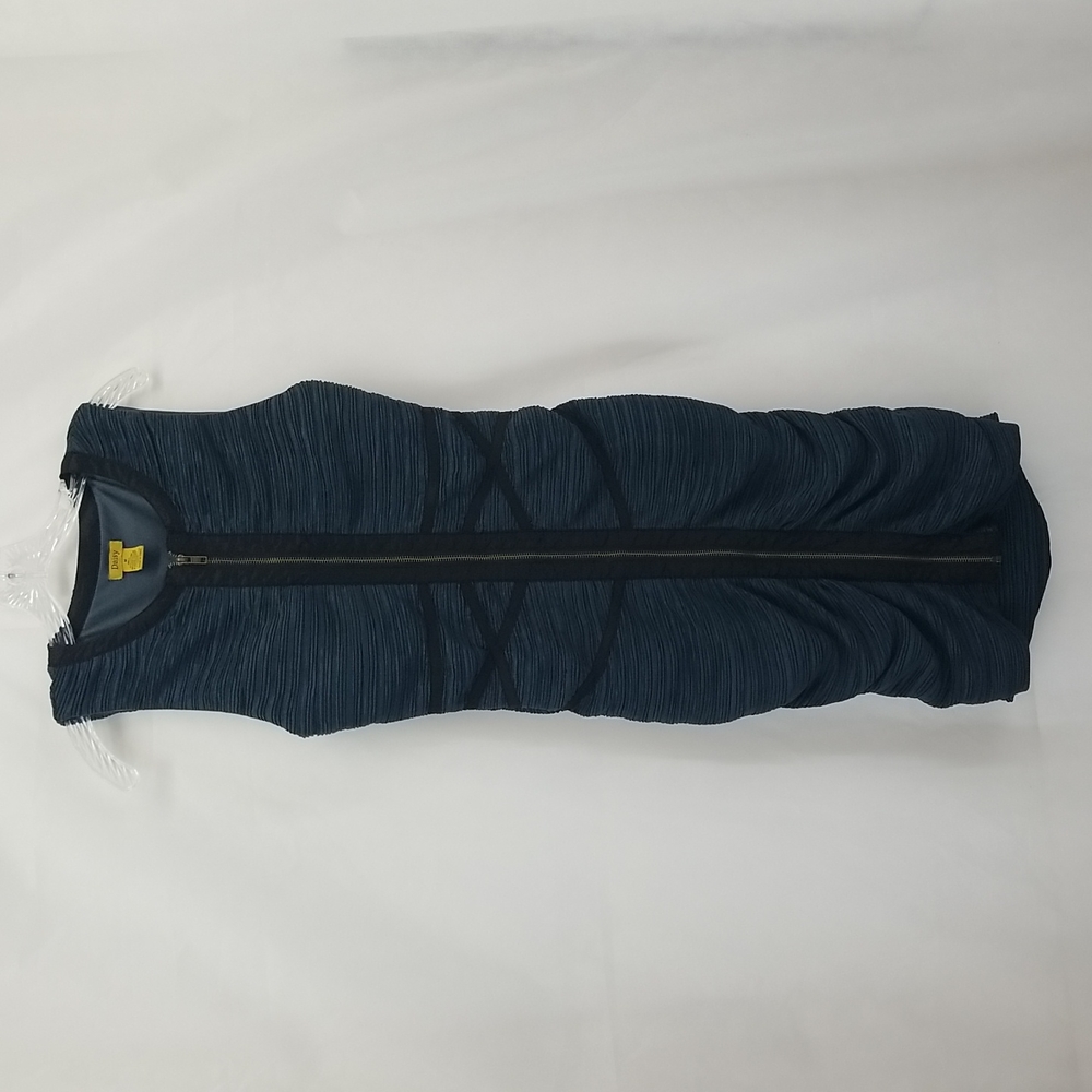 DAISY Body Con Blue Ruched Dress Full Zip Front Dress with Black Trim